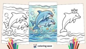 An image mockup featuring three dolphin-themed printable coloring pages and a central colored example. The left page shows two uncolored playful dolphins in the waves. The middle page is a fully colored, hand-painted version of the two dolphins in a vibrant ocean scene with coral and bubbles. The right page shows a single uncolored jumping dolphin wearing a crown. A set of coloring pencils is visible at the bottom of the pages, next to a 'coloring save' logo with a small rabbit mascot.