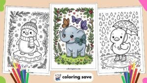 Three cute animal coloring pages for kids featuring a winter penguin wearing a beanie and scarf on an iceberg, a colored illustration of a baby elephant surrounded by butterflies, and a little duck wearing rain boots under an umbrella with raindrops.