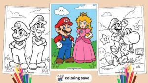 Printable Super Mario coloring pages featuring Mario, Princess Peach, Luigi, and Yoshi for kids.