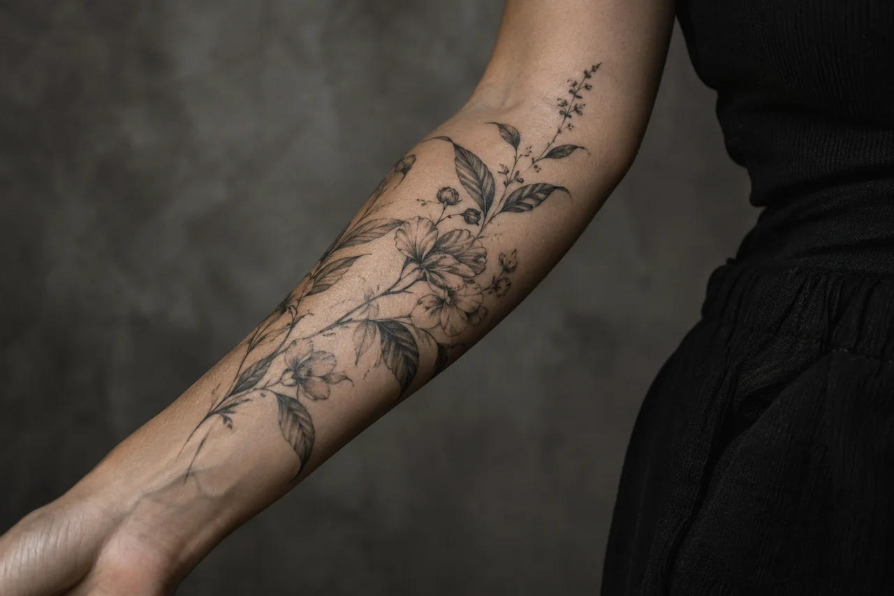 AI-generated tattoo concept: Fine-line botanicals: a little closer to nature